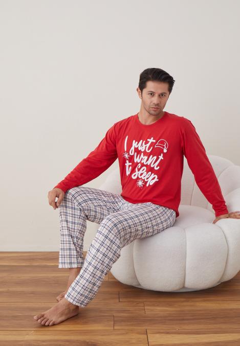 Pijama barbati Craciun , maneca lunga ,pantaloni lungi,Culoare Rosu ,Engros